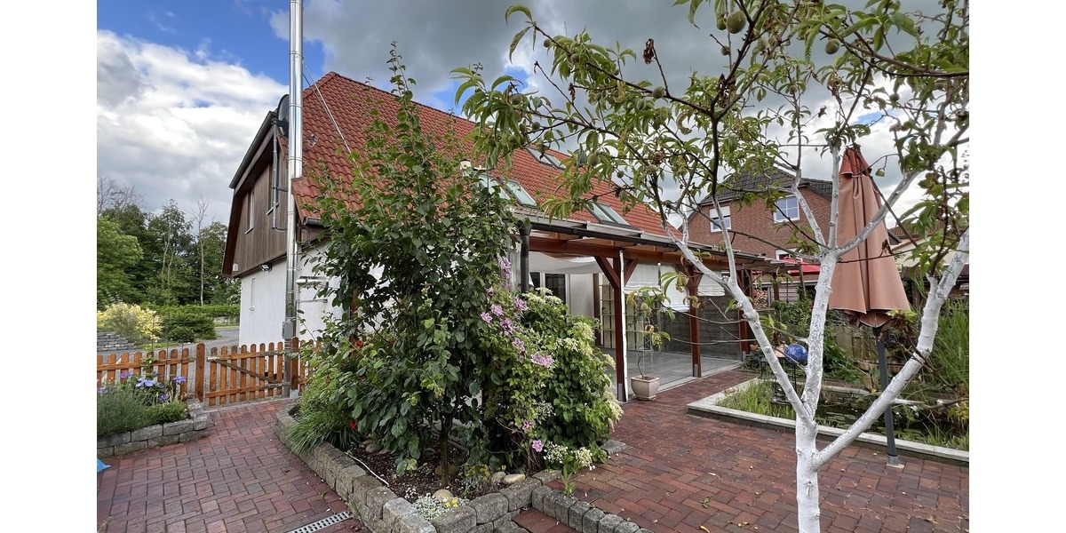 Blick aus dem Garten zum Haus