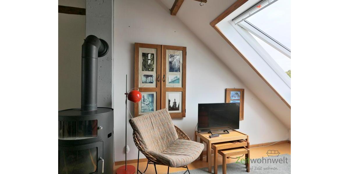 Blick zu Kamin und TV