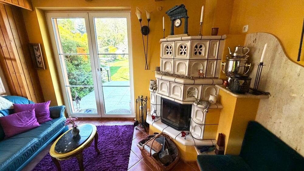 Diele mit Kamin und Ausgang zur Terrasse
