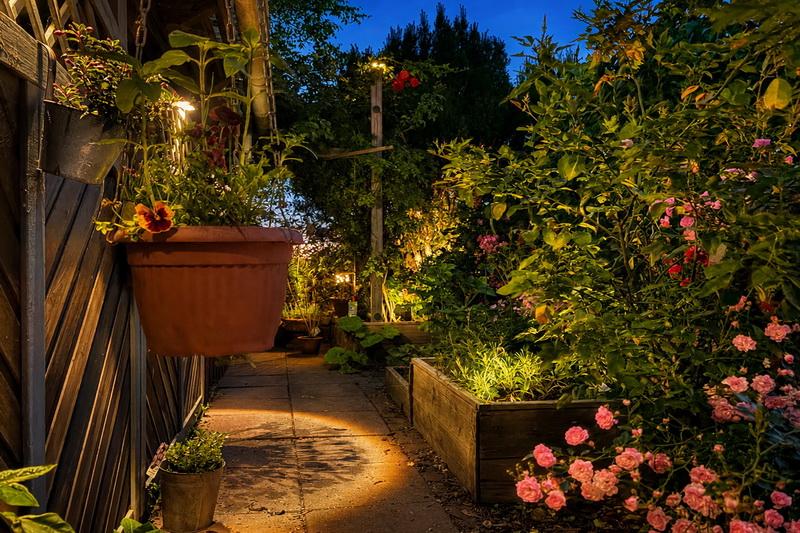 romantischer Gartenpfad am Abend