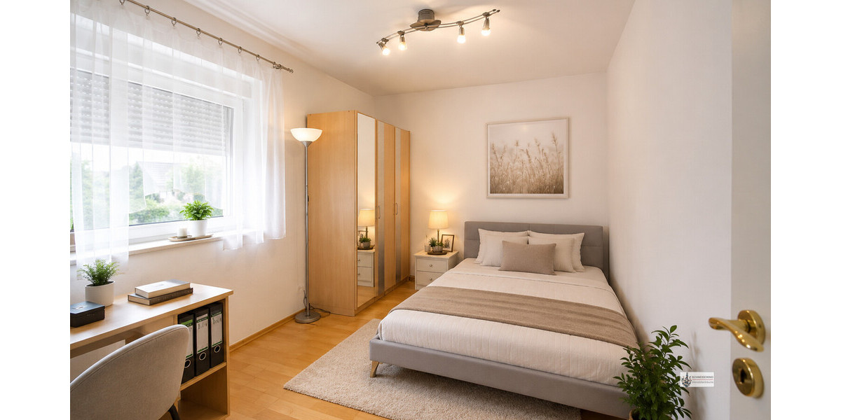 Helles skandinavisches Schlafzimmer mit Pflanzen